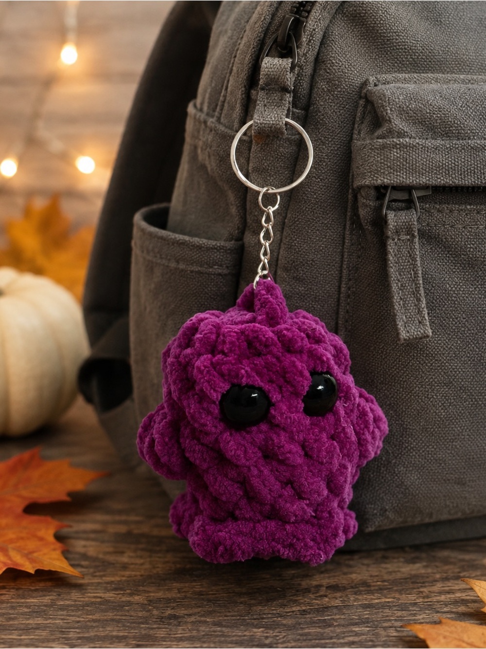 Handmade Purple Crochet Ghost Keychain – 3”